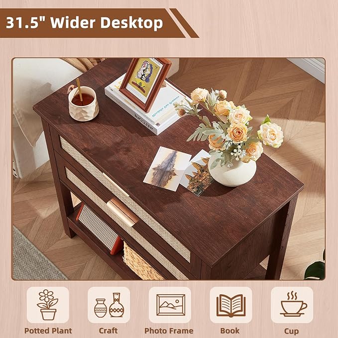 LEYAOYAO 31.5" Wide Rattan Night Stand, Large Boho Nightstand, Bedside Table - Image 4