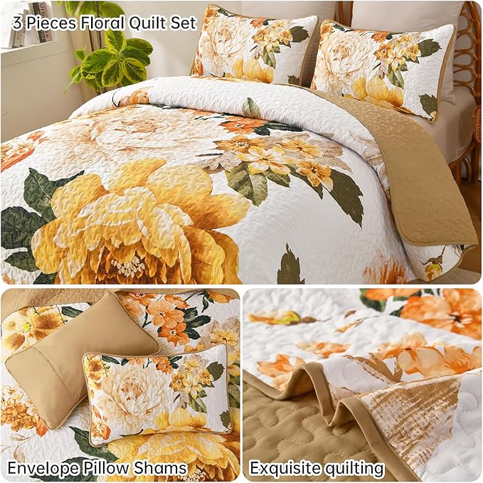 WONGS BEDDING Yellow Floral Quilt Set King, 3 Pieces Reversible Lightweight - Image 5