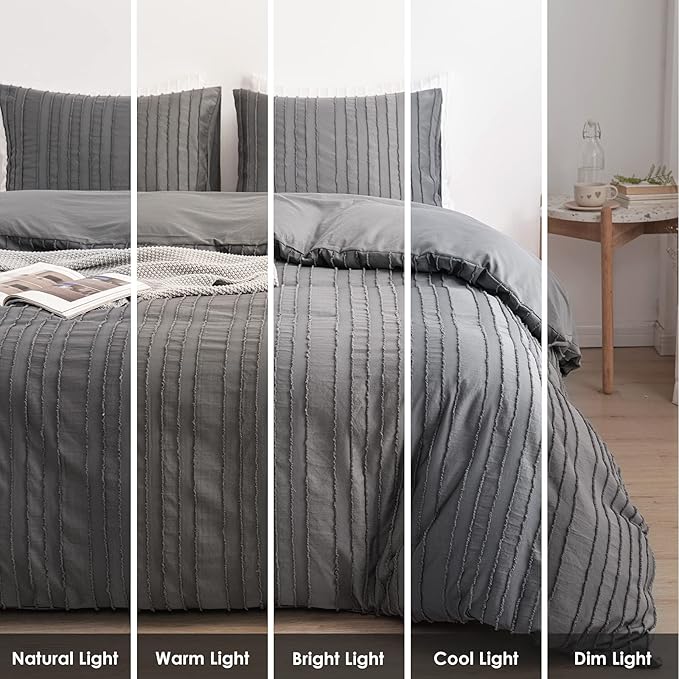 WARMDERN Gray Boho Duvet Cover Set, Striped Textured Tufted Bedding, Twin Size - Image 7