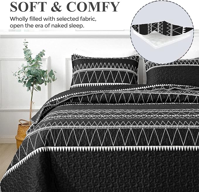 Andency Black Quilts Queen Size, 3 Pieces Queen Quilt Bedding Set Boho - Image 3