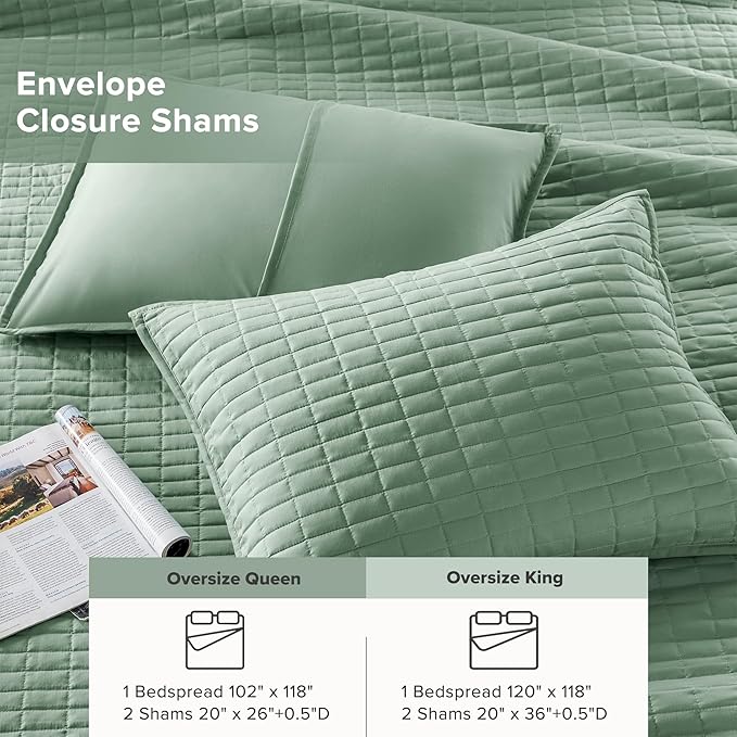 Comfort Spaces Sage Green Oversized Queen Quilt Set 102"x118" Bedspread Quilted - Image 5