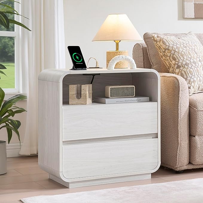 White Nightstand Set of 2 with Charging Station, 23.2" Wide Wood Bedside Table - Image 8