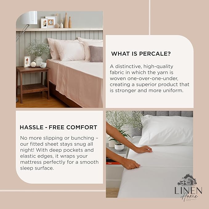 Linen Home 100% Cotton Percale Weave Fitted Sheet, Queen Size, Sand Shell - Image 4