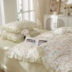 mixinni 100% Cotton Duvet Cover Set Twin, Reversible Spring Floral Ruffle Green - Image 4