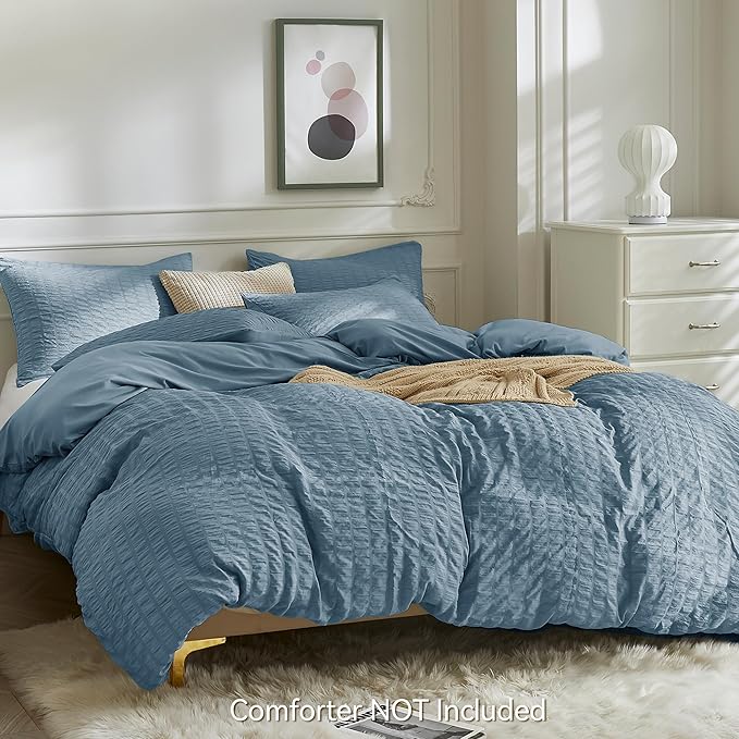 JELLYMONI Sierra Blue Duvet Cover Twin Size, Soft Breathable Seersucker Duvet - Image 3