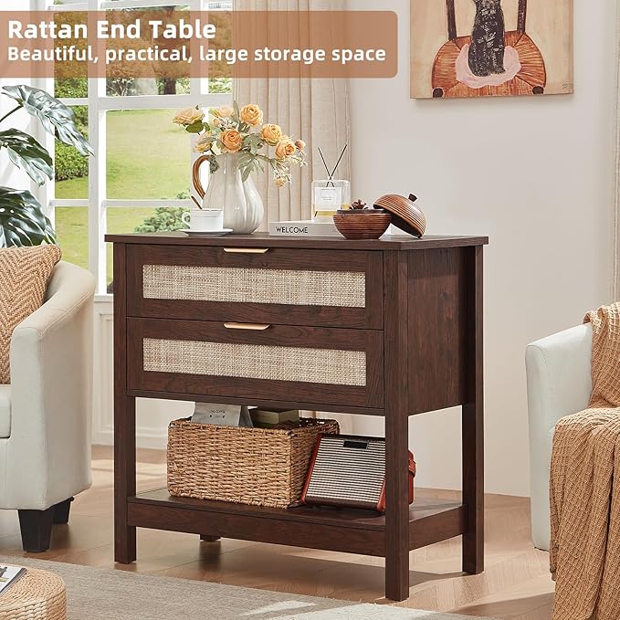 LEYAOYAO 31.5" Wide Rattan Night Stand, Large Boho Nightstand, Bedside Table - Image 7