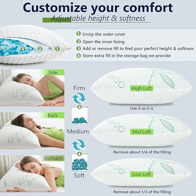 Cooling Pillows, Shredded Memory Foam Pillows Standard Size Set of 2 Adjustable - Image 3