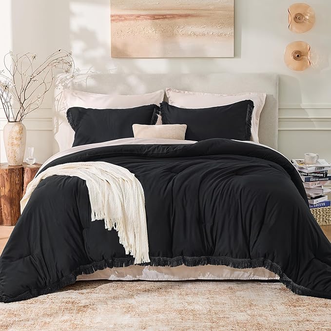 Andency Black Comforter Set Full Size, 3 Pieces Boho Tassel Lightweight Bedding - Image 2