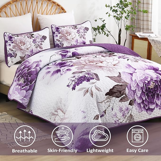 WONGS BEDDING Floral Quilt Set Purple Queen, Quilted Printed Lightweight - Image 3