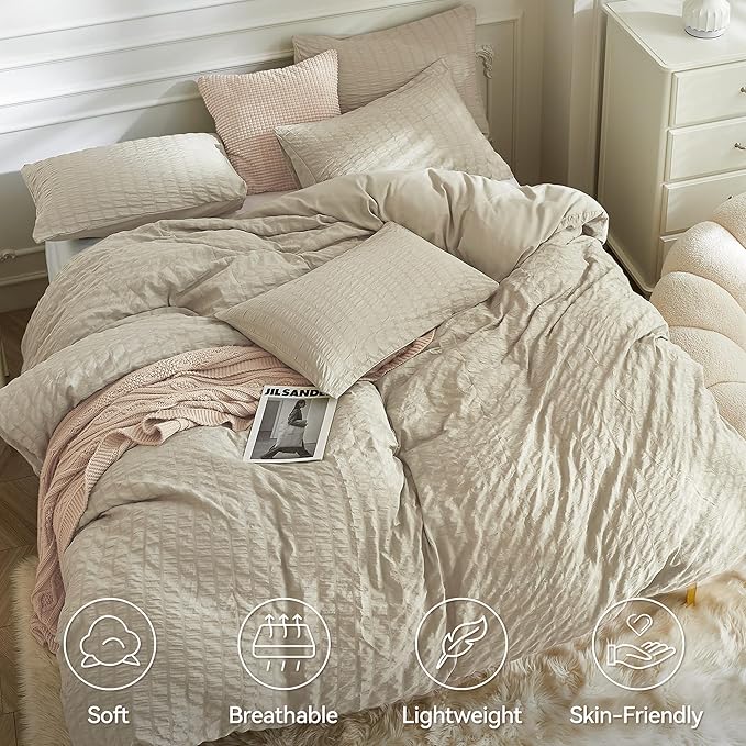 JELLYMONI Light Khaki Duvet Cover Twin Size, Soft Breathable Seersucker Duvet - Image 2