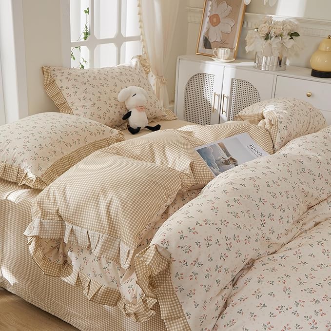 mixinni Beige Floral Duvet Cover Twin Size, 100% Cotton Cute Strawberry Floral - Image 4