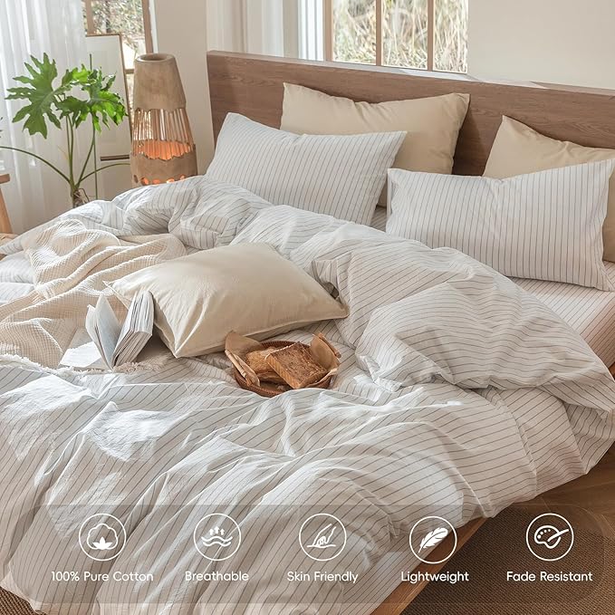 MooMee Striped Duvet Cover Set 100% Washed Cotton Linen Like Textured - Image 4