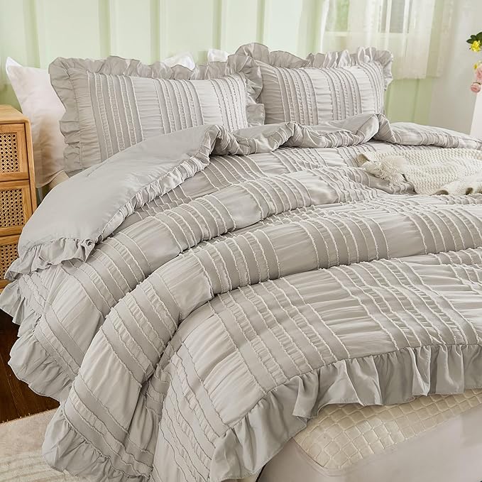 WONGS BEDDING Grey Textured Comforter Set King, 3 Pieces Ruffle Farmhouse - Image 5