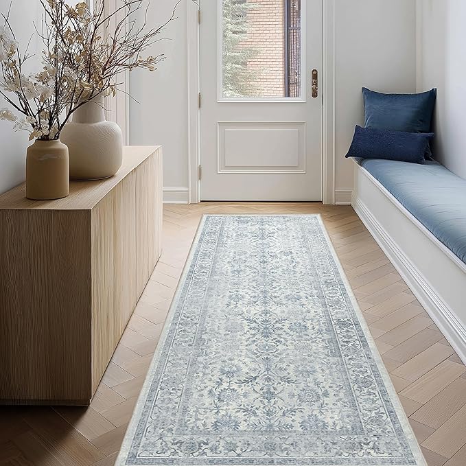 FMFUNCTEX 2x6 Runner Rug Blue Vintage Neutral Washable Distressed Non Slip Low by Fmfunctex