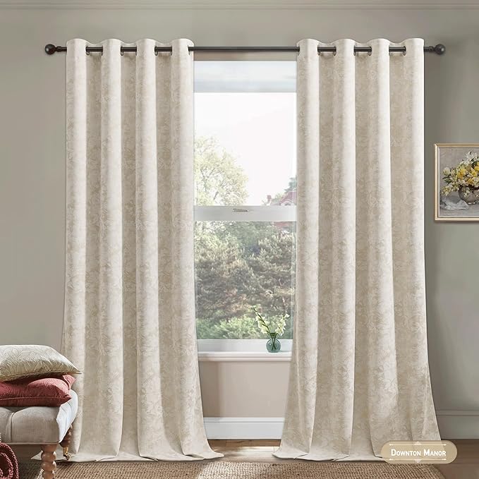 Beauoop Beige Floral Jacquard Blackout Curtains 96 Inches Long 2 Panels - Image 4