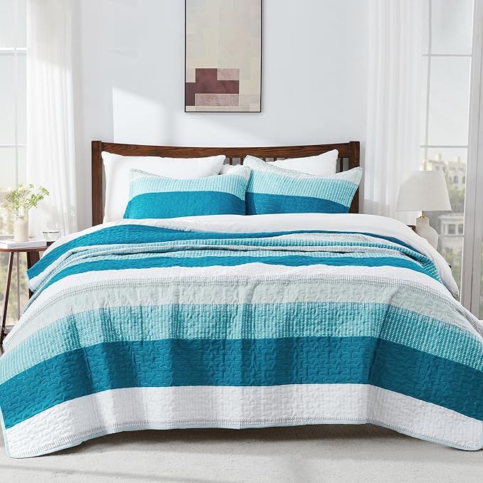 Andency Teal and White Striped Quilt King, 3 Pieces Patchwork Bedspread - Image 8