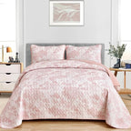 WONGS BEDDING Quilt Set Queen Size, 3 Pieces Pink Floral Plants Printed - Image 2