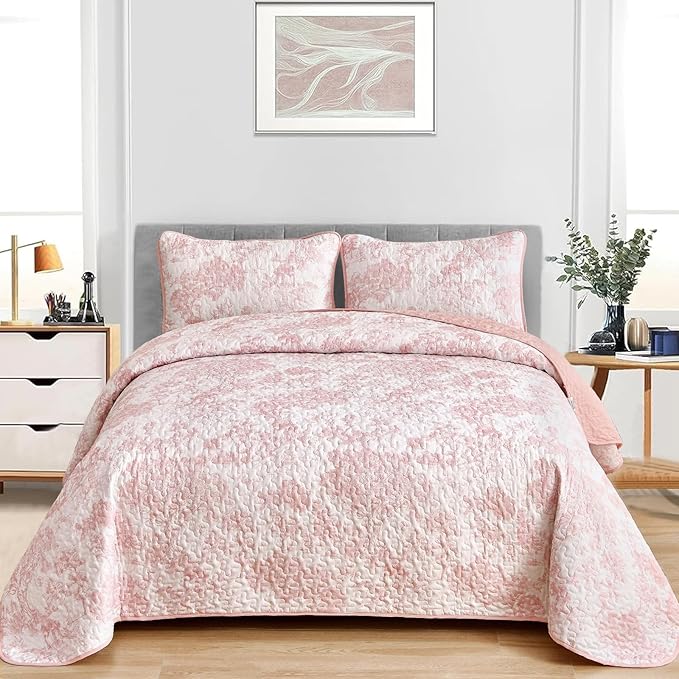 WONGS BEDDING Quilt Set Queen Size, 3 Pieces Pink Floral Plants Printed - Image 2