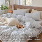 MooMee Striped Duvet Cover Set 100% Washed Cotton Linen Like Textured - Image 4