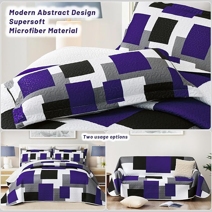Tyrot 3 Piece Dark Purple Grey Quilt Set King Size Black White Geometric - Image 3