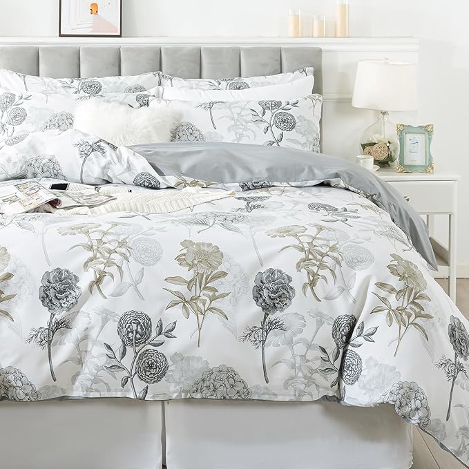 FADFAY Floral Duvet Cover Sets Queen Size 100% Cotton Ink Grey Vintage Flower by CottonWorldSweetDream