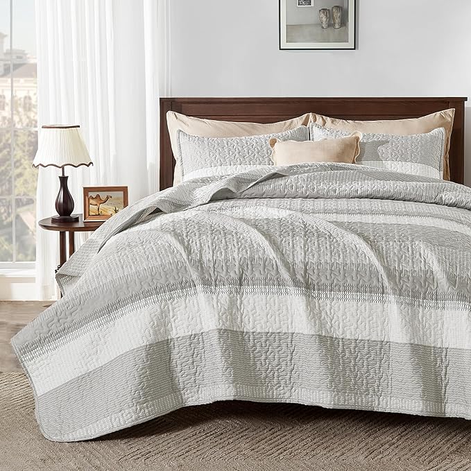 Andency King Size Quilt Set Linen Grey, 3 Pieces Summer Ultra Soft Lightweight by Andency
