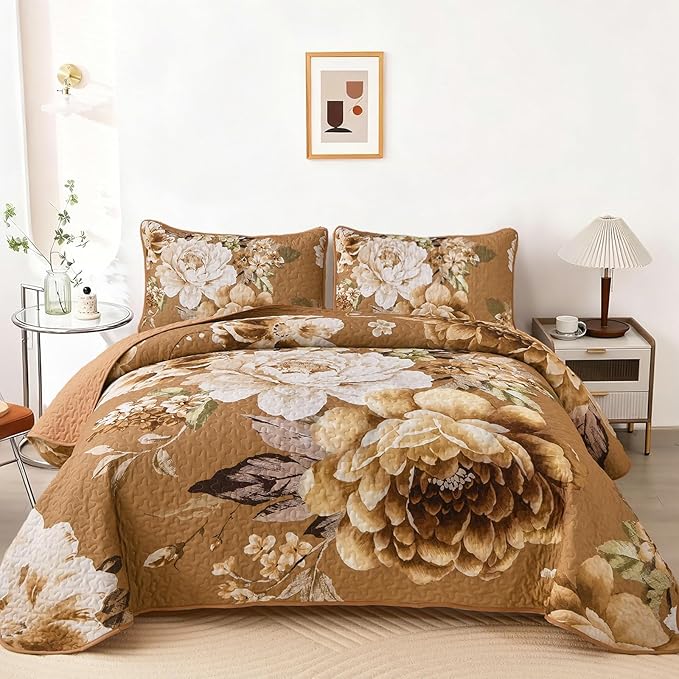 WONGS BEDDING Floral Quilt Set Brown Queen, Quilted Printed Lightweight by WONGSBEDDING