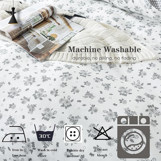 FADFAY Floral Duvet Cover Set Queen Size 100% Cotton Grey White Flower - Image 7