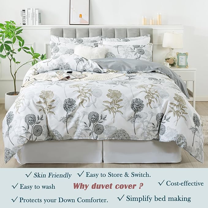 FADFAY Floral Duvet Cover Set Twin XL 100% Cotton College Bedding Ink Grey - Image 7