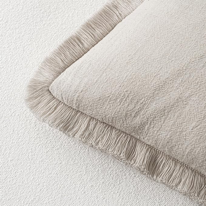 MIULEE Decorative Lumbar Throw Pillow Covers Neutral Linen Fringe Throw Pillows - Image 3