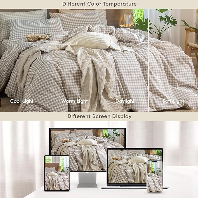 MooMee Gingham Duvet Cover Set 100% Washed Cotton Linen Like Textured - Image 6