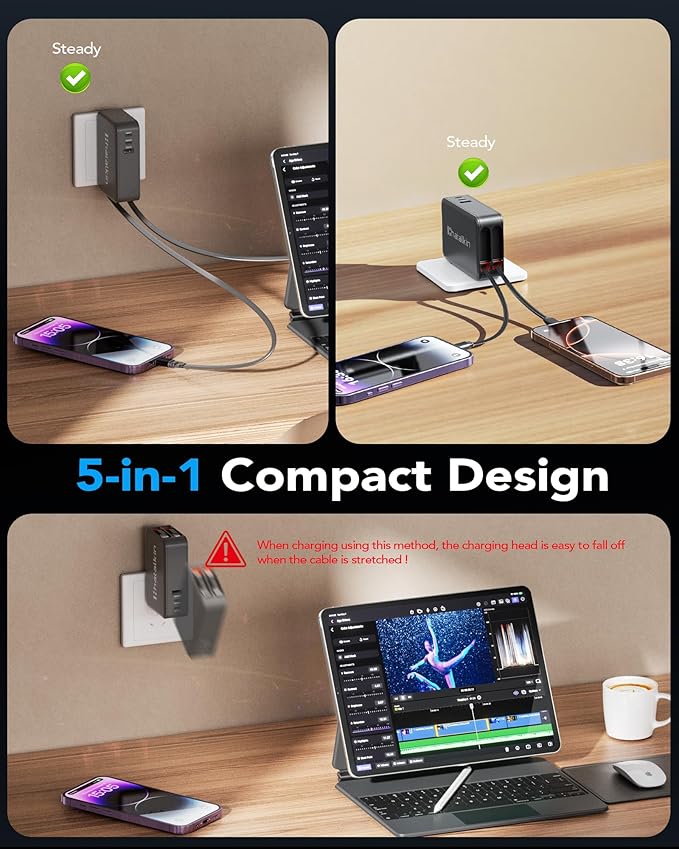 65W for MacBook Pro Charger, 5-in-1 Retractable Wall Charger Plug for iPhone 17 - Image 6