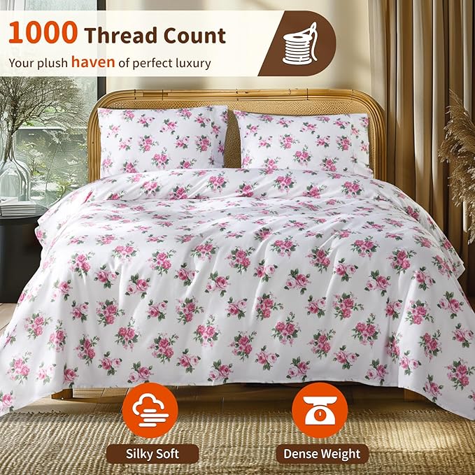 LBRO2M 1000 Thread Count Sheets 100% Egyptian Cotton Bedding Set Floral King - Image 2