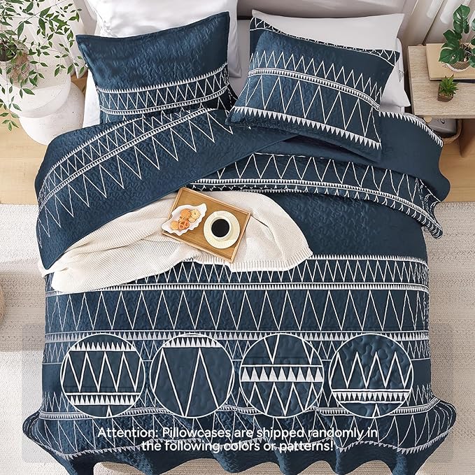 Andency Navy Oversized King Quilt Set, 3 Pieces Boho Lightweight Soft Striped - Image 3