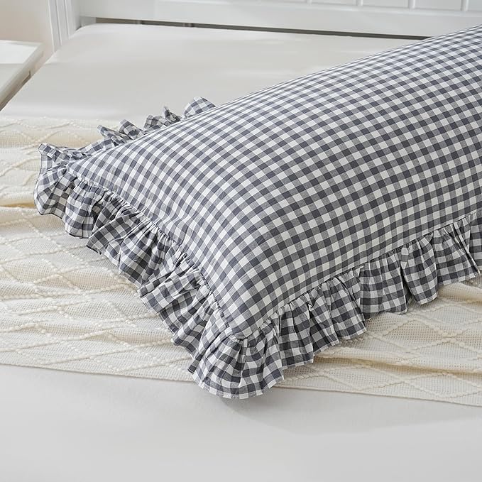 Grey/White Plaid Ruffled Checkered Body Pillow Sham 20x54 inches 1 Piece - Image 4