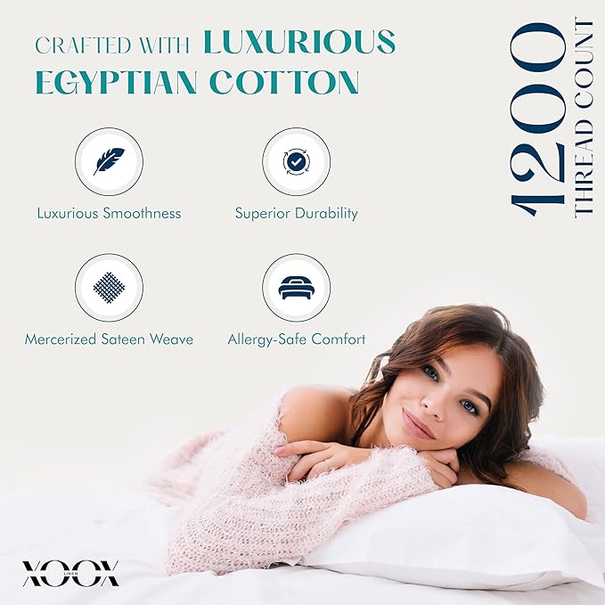 XOOX Linen 100% Egyptian Cotton Queen Pillow Cases Set of 2 - Image 2