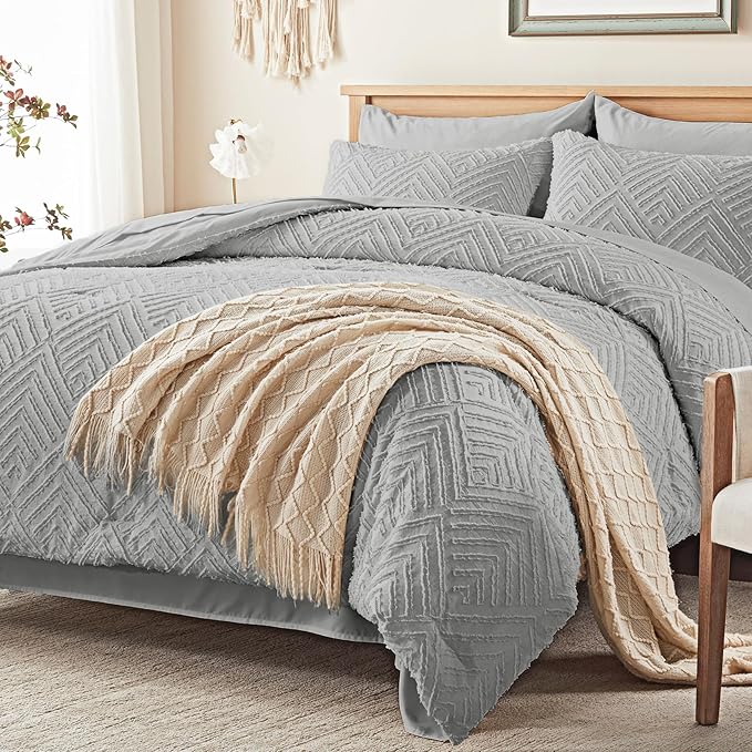 Zzlpp Twin Comforter Set 5 Pieces, Light Grey Tufted Bed in a Bag - Image 2