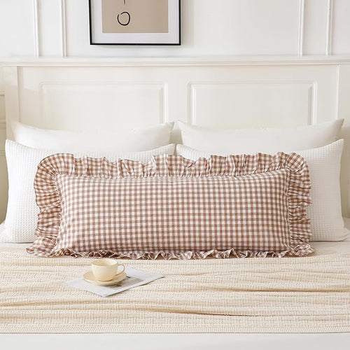 14x36 inches Taupe Plaid Ruffle Gingham Lumbar Throw Pillow Cover, Pure Cotton - Image 2