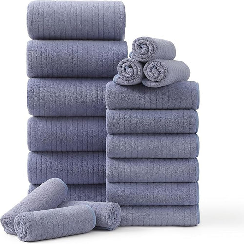 18 Piece Family Bath Towel Set Include 6 Bath Towels, 6 Hand Towels and 6 by Hailea