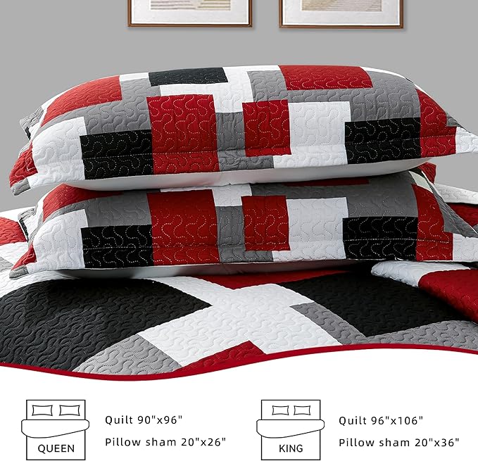 Tyrot 2 Piece Red Black Grey Quilt Set Twin Size Red White Geometric Reversible - Image 7