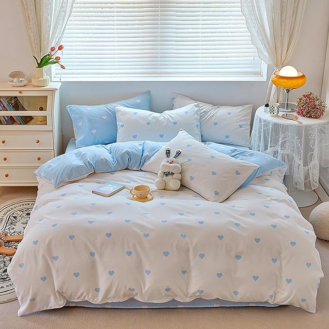 BOLINLIVING Cute Duvet Cover King Size, Reversible Light Blue & White Heart by BOLINLIVING