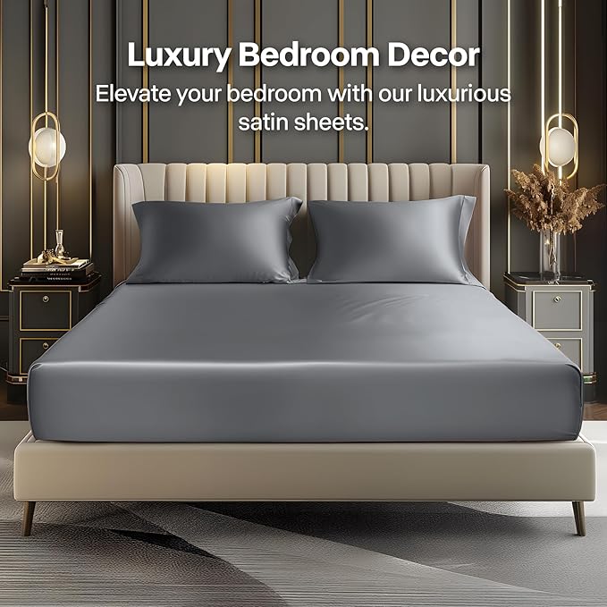 BEDELITE Satin Fitted Sheet and Pillowcases Set, Soft Similar to Silk Bottom - Image 2