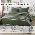 Andency Green California King Quilt Set, 3 Pieces Boho Lightweight Soft Striped - Image 2