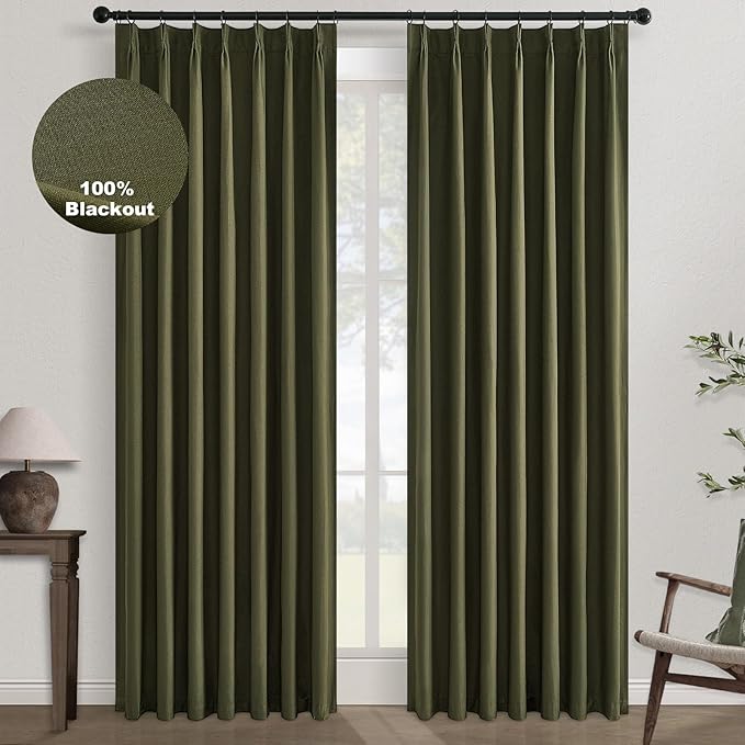 Topfinel Olive Green 102 Inches Long Custom Blackout Linen Curtains, Pinch by Topfinel