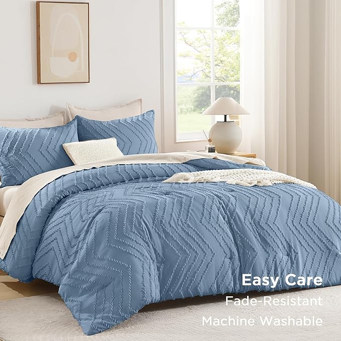 Andency Greyish Blue Comforter Set King Size, Boho Soft Warm Tufted Bedding - Image 3