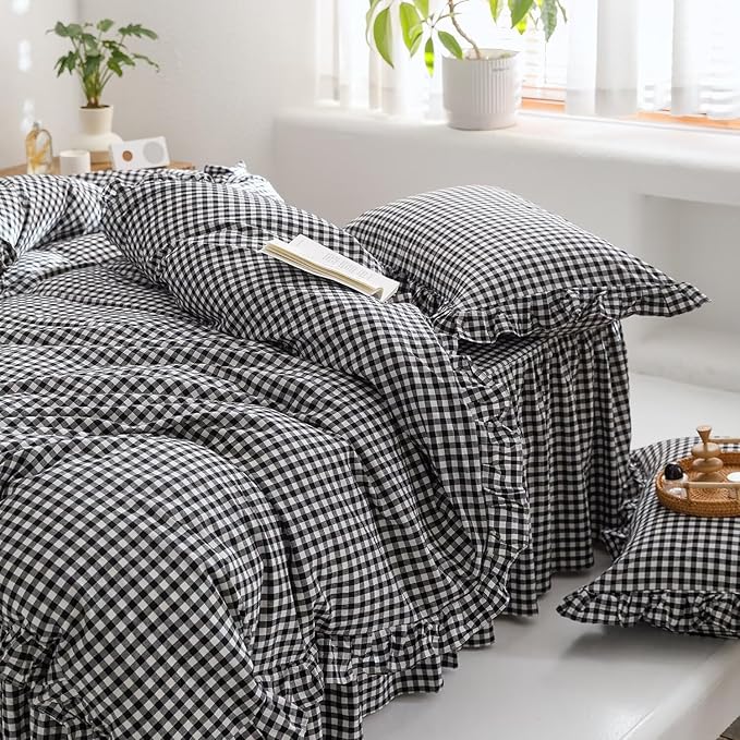 MKXI Black and White Gingham Duvet Cover King, 3-Piece Ruffled Bedding Set - Image 4