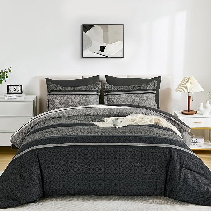 WONGS BEDDING 7 Pieces Comforter Set Queen Size, Dark Grey Black Striped Bed in - Image 2