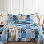 Xruibed Blue Quilt Set Queen Size 3 Pieces Plaid Floral Boho Bedspread Coverlet by Xruibed