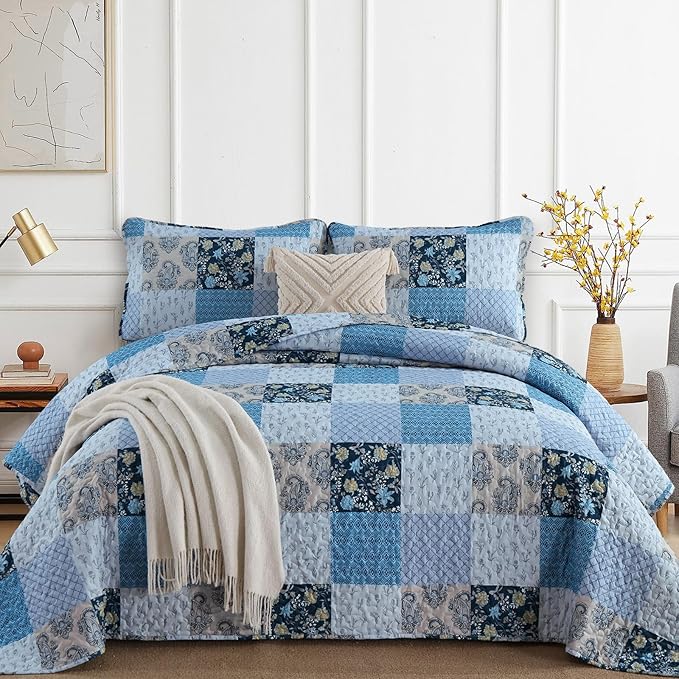 Xruibed Blue Quilt Set Queen Size 3 Pieces Plaid Floral Boho Bedspread Coverlet by Xruibed