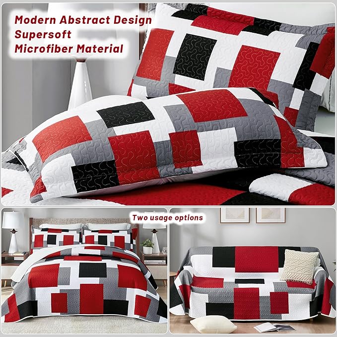 Tyrot 3 Piece Red Black Grey Quilt Set Full/Queen Size Red and White Geometric - Image 3
